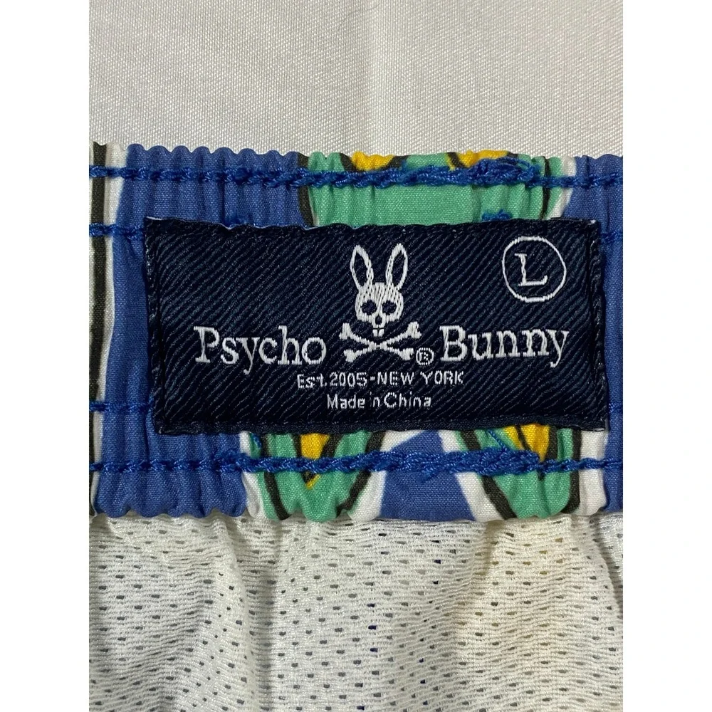 Psycho Bunny Mens Blue Multi Bunny Skull Grid Print Swim Trunks Size L 5.5" - Picture 4 of 9